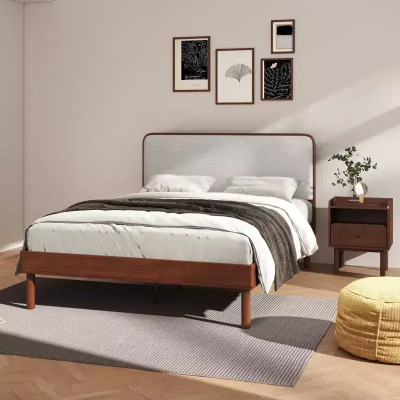 Roundhill Furniture Wyller 2-Piece Bedroom Set, Platform Bed with Nightstand, Natural Walnut, Queen