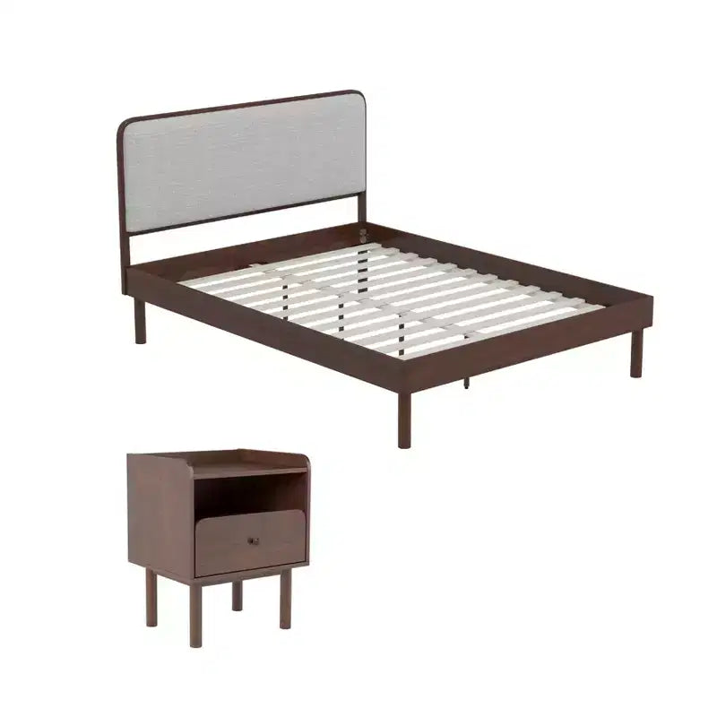 Lit plateforme avec tables de chevet, Noyer naturel, Grand lit