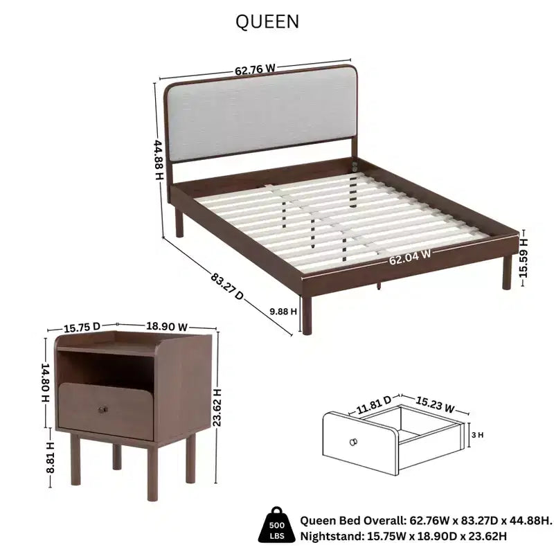 Lit plateforme avec tables de chevet, Noyer naturel, Grand lit