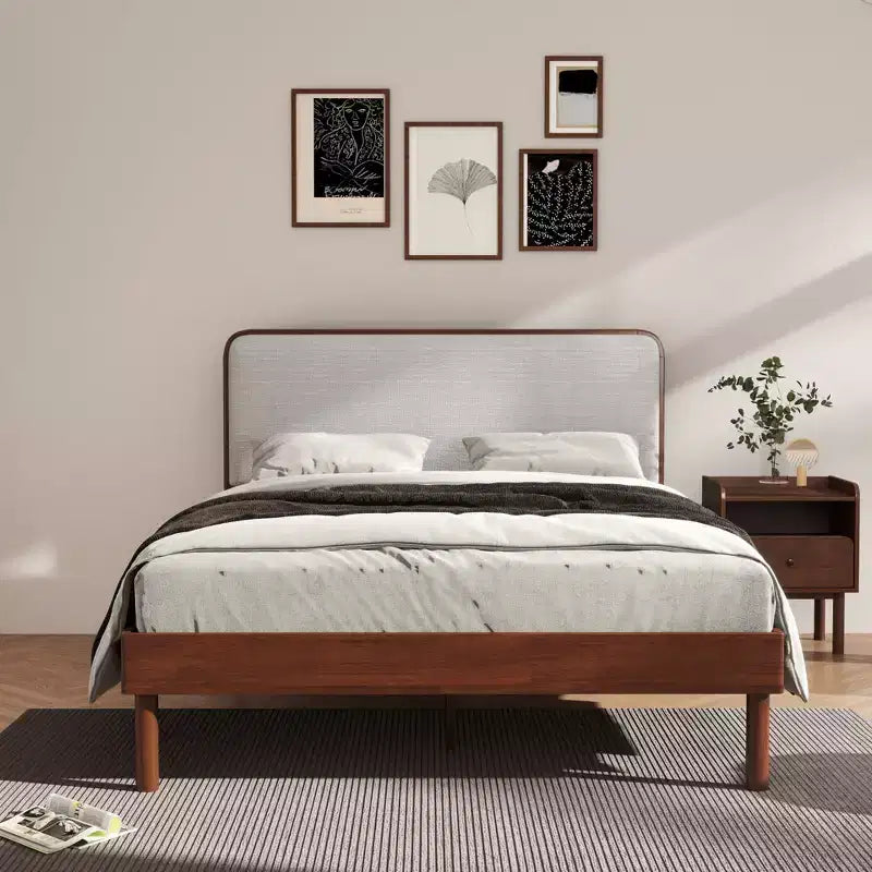Lit plateforme avec tables de chevet, Noyer naturel, Grand lit