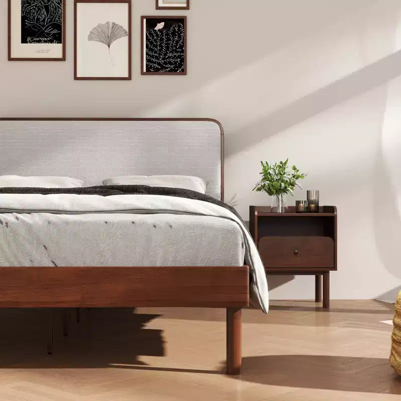 Lit plateforme avec tables de chevet, Noyer naturel, Grand lit