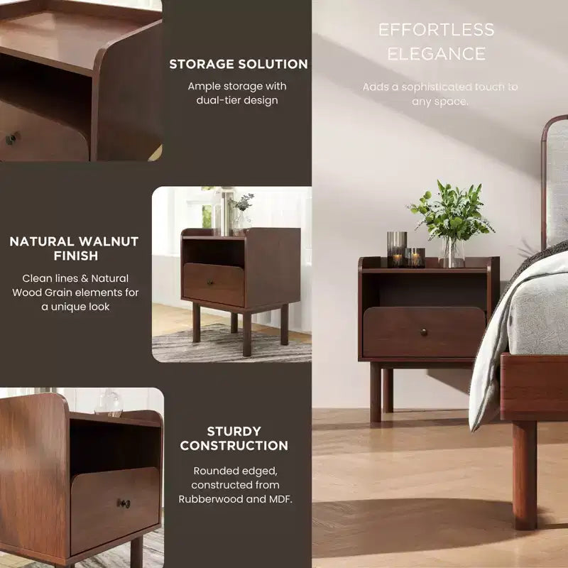 Lit plateforme avec tables de chevet, Noyer naturel, Grand lit
