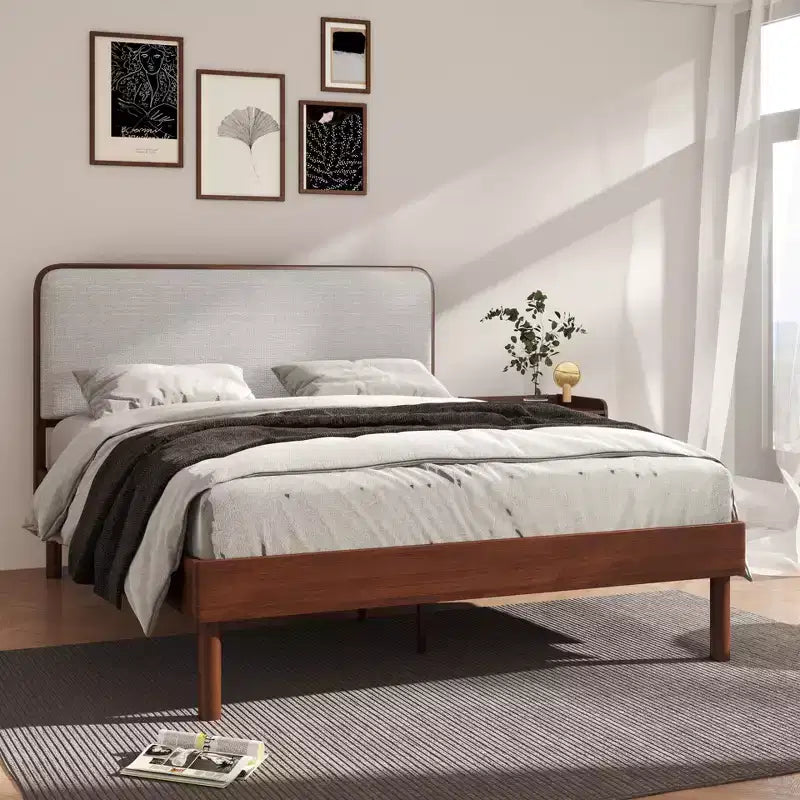 Lit plateforme avec tables de chevet, Noyer naturel, Grand lit