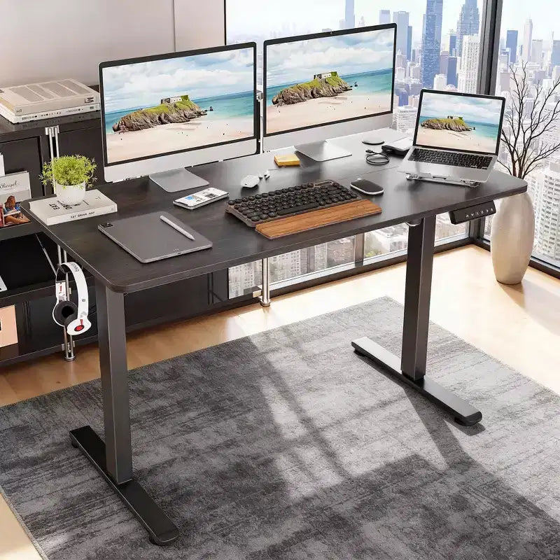 Bureau debout électrique noyer pour télétravail, Plateau assemblé, Hauteur réglable
