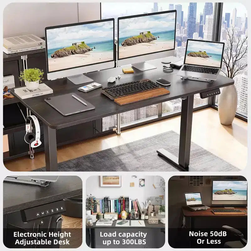 Bureau debout électrique noyer pour télétravail, Plateau assemblé, Hauteur réglable