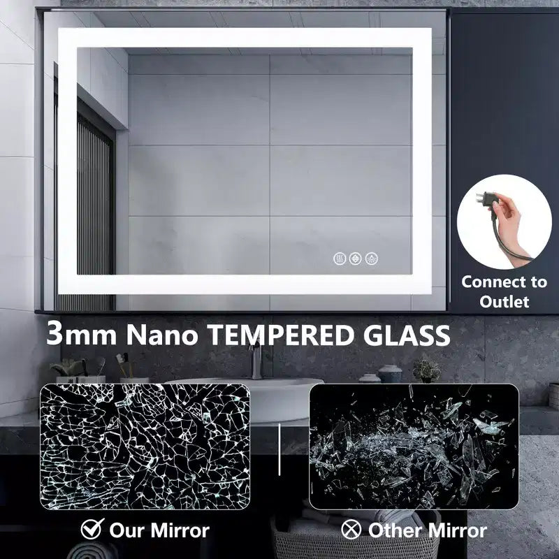 Miroir de salle de bain intelligent, miroir de courtoisie à cadre en aluminium avec désembueur, blanc