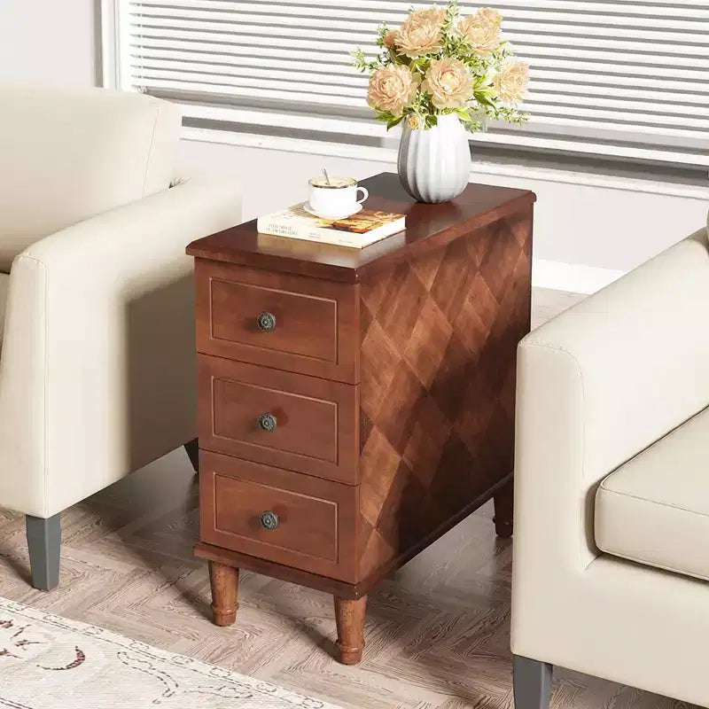 Table d'appoint étroite à 3 tiroirs en bois massif
