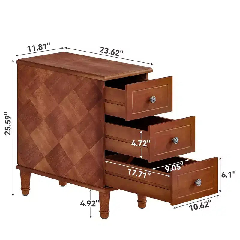 Table d'appoint étroite à 3 tiroirs en bois massif