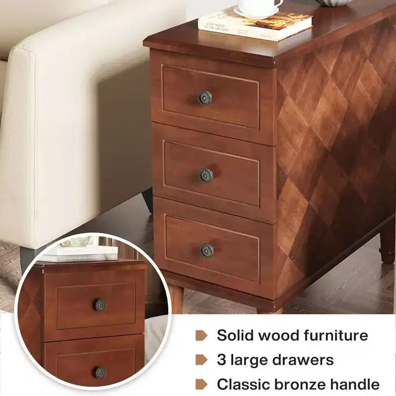 Table d'appoint étroite à 3 tiroirs en bois massif
