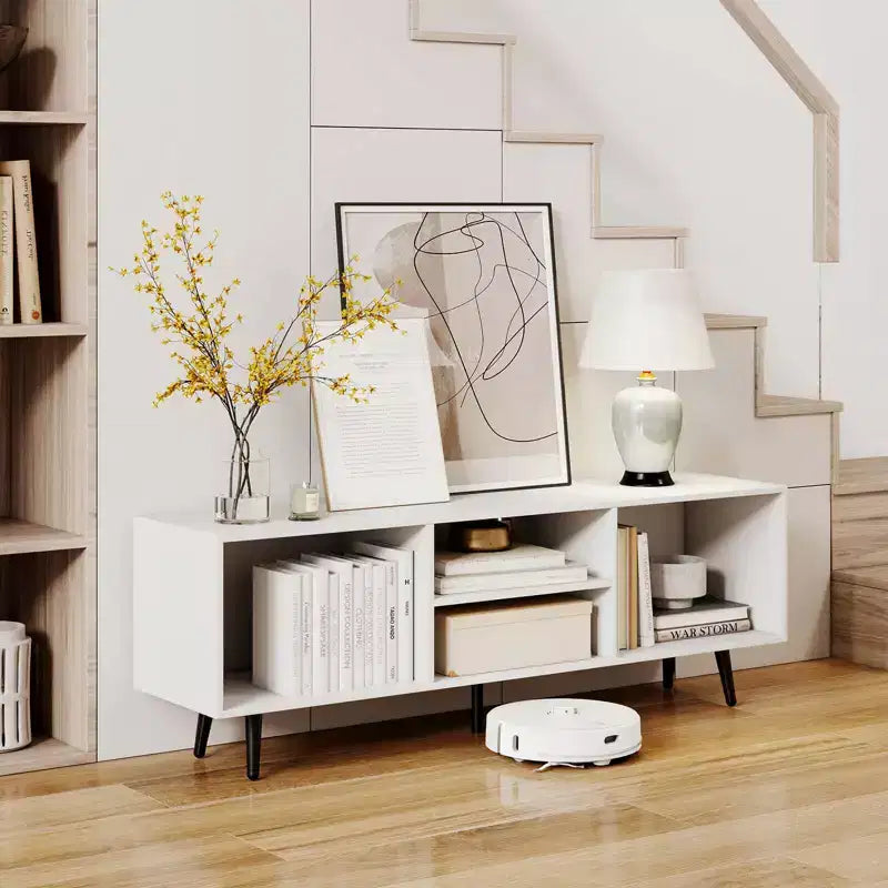 Meuble TV console pour téléviseurs de 55 pouces avec étagères de rangement Pieds en métal robustes Blanc/Marron