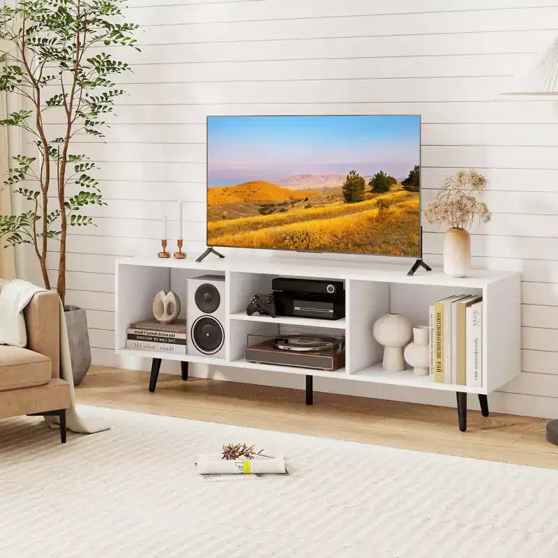 Meuble TV console pour téléviseurs de 55 pouces avec étagères de rangement Pieds en métal robustes Blanc/Marron