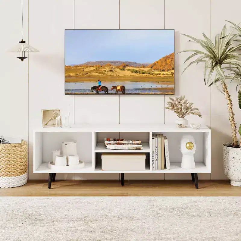 Meuble TV console pour téléviseurs de 55 pouces avec étagères de rangement Pieds en métal robustes Blanc/Marron