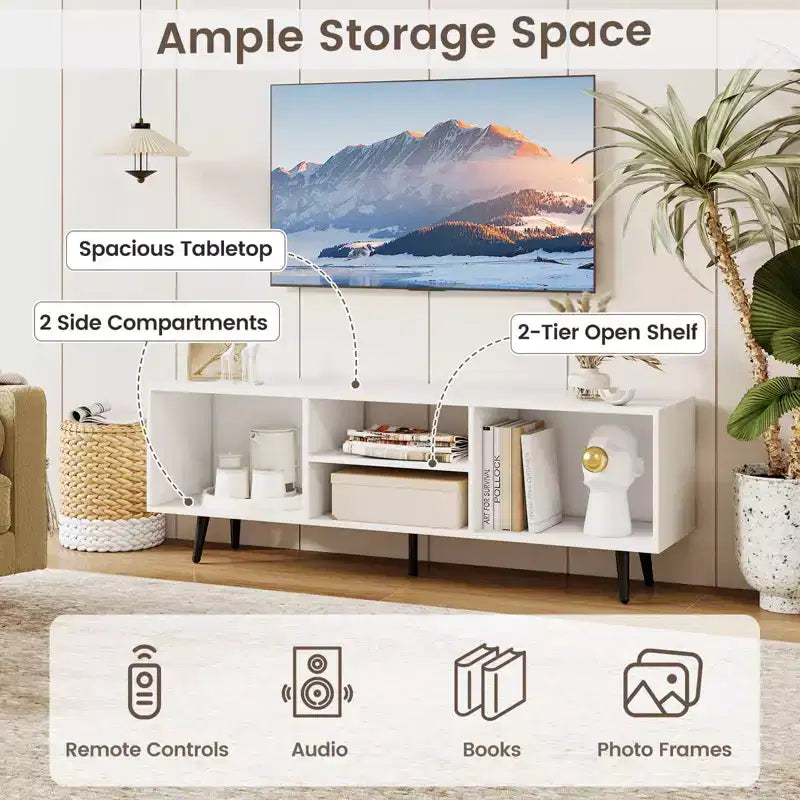 Meuble TV console pour téléviseurs de 55 pouces avec étagères de rangement Pieds en métal robustes Blanc/Marron