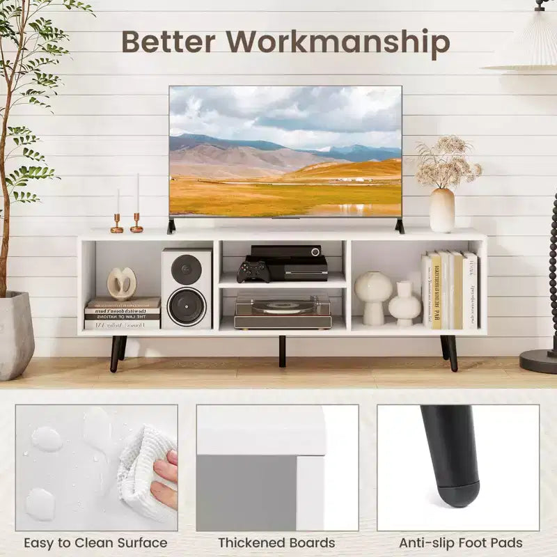 Meuble TV console pour téléviseurs de 55 pouces avec étagères de rangement Pieds en métal robustes Blanc/Marron