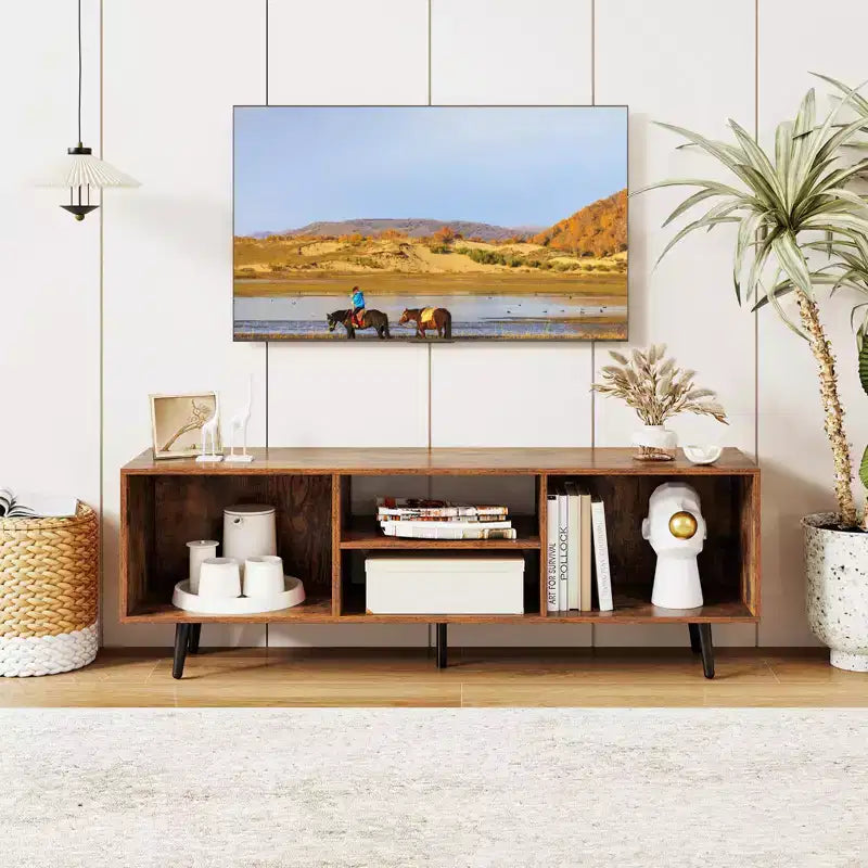 Meuble TV console pour téléviseurs de 55 pouces avec étagères de rangement Pieds en métal robustes Blanc/Marron