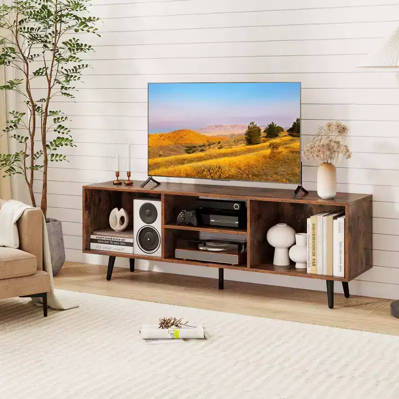 Meuble TV console pour téléviseurs de 55 pouces avec étagères de rangement Pieds en métal robustes Blanc/Marron