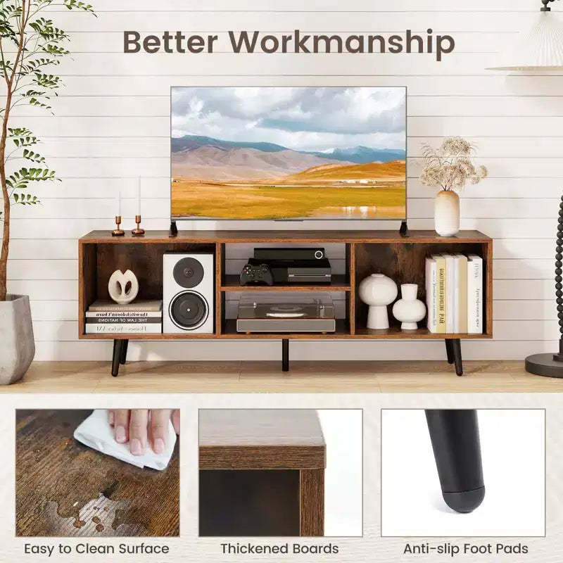 Meuble TV console pour téléviseurs de 55 pouces avec étagères de rangement Pieds en métal robustes Blanc/Marron