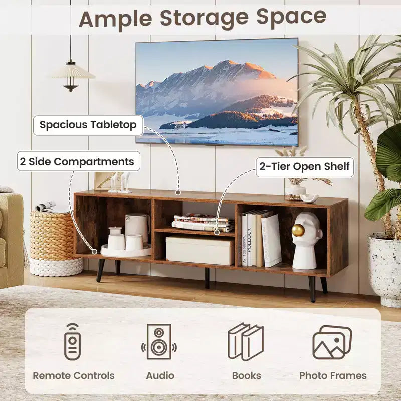Meuble TV console pour téléviseurs de 55 pouces avec étagères de rangement Pieds en métal robustes Blanc/Marron