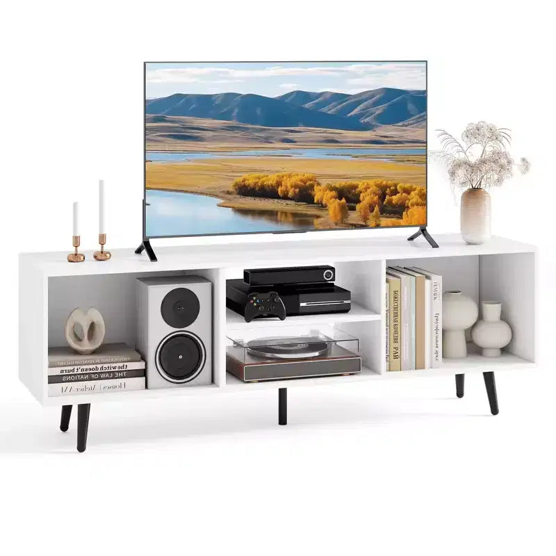 Meuble TV console pour téléviseurs de 55 pouces avec étagères de rangement Pieds en métal robustes Blanc/Marron