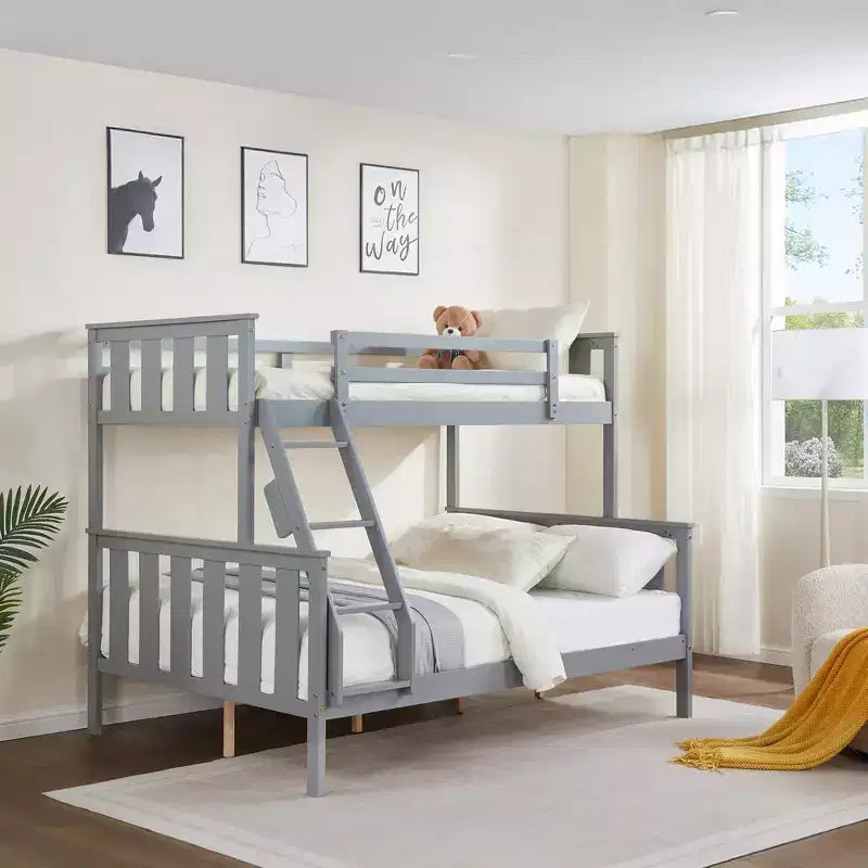 MAYEERTY Twin over Full Bunk Bed for Kids, Wooden Bed Frame with High Guardrail and Ladder, No Box Spring Needed, Gray