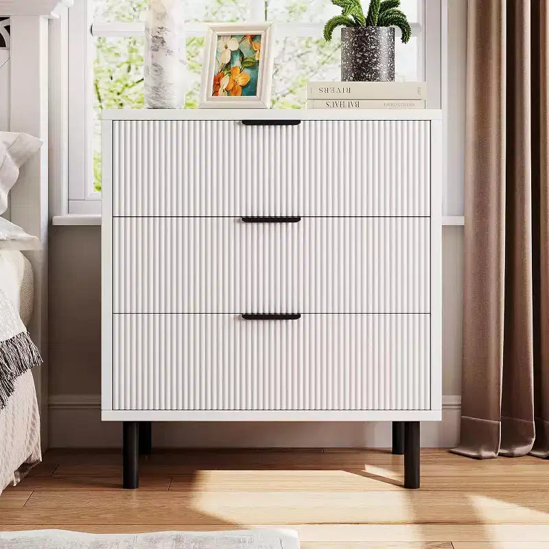 Modern Chest of Drawers with Metal Legs, 3 Drawers Dresser, Wood Nightstand with Storage and Anti-Tipping Device, for Bedroom, Living Room, White