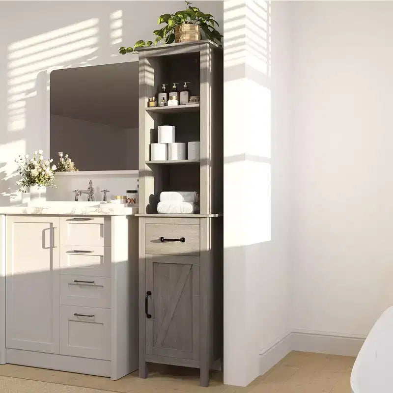 Armoire de rangement de salle de bain haute et étroite, Meuble de salle de bain fin sur pied