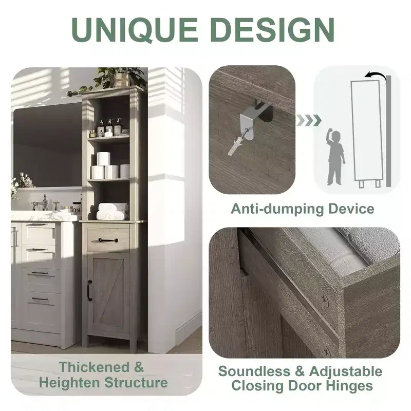 Armoire de rangement de salle de bain haute et étroite, Meuble de salle de bain fin sur pied