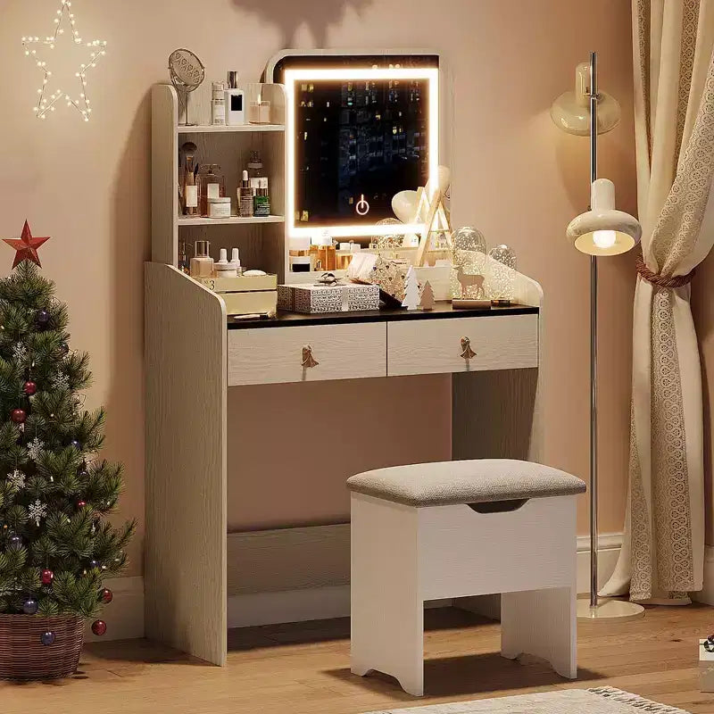 Coiffeuse Miroir avec Tabouret et 2 Tiroirs pour Filles et Femmes