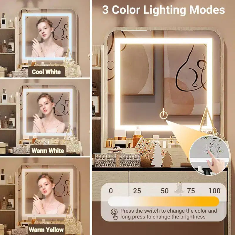 Coiffeuse Miroir avec Tabouret et 2 Tiroirs pour Filles et Femmes