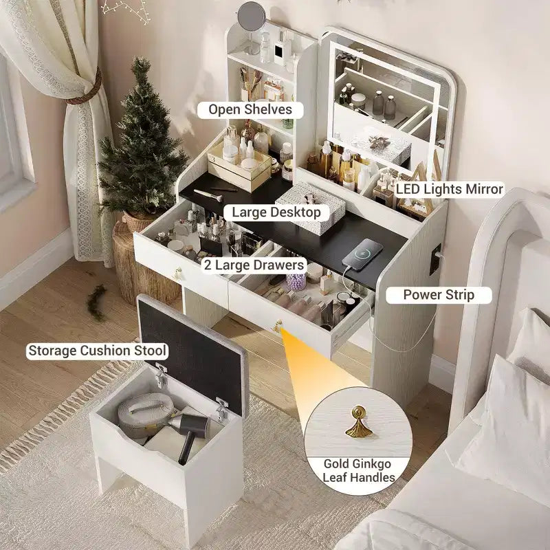 Coiffeuse Miroir avec Tabouret et 2 Tiroirs pour Filles et Femmes