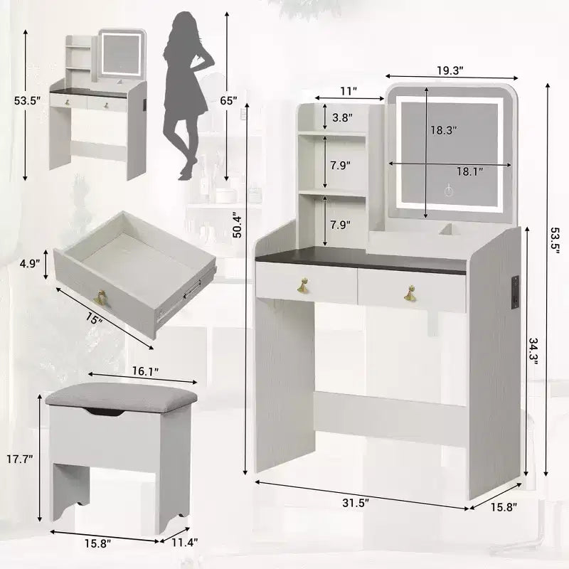 Coiffeuse Miroir avec Tabouret et 2 Tiroirs pour Filles et Femmes