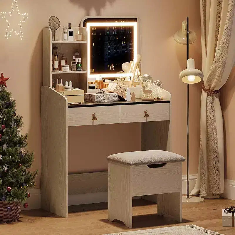 Coiffeuse Miroir avec Tabouret et 2 Tiroirs pour Filles et Femmes