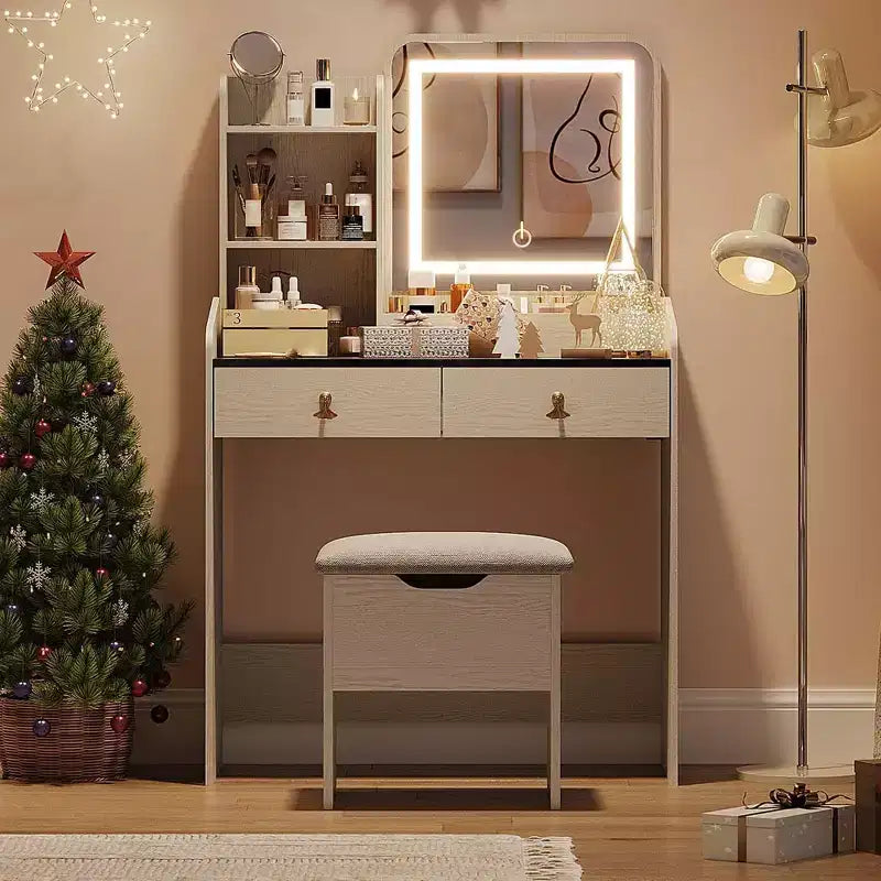 Coiffeuse Miroir avec Tabouret et 2 Tiroirs pour Filles et Femmes