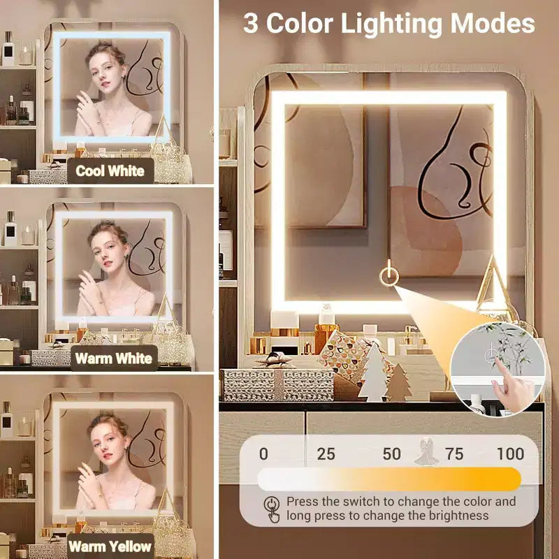 Coiffeuse Miroir avec Tabouret et 2 Tiroirs pour Filles et Femmes
