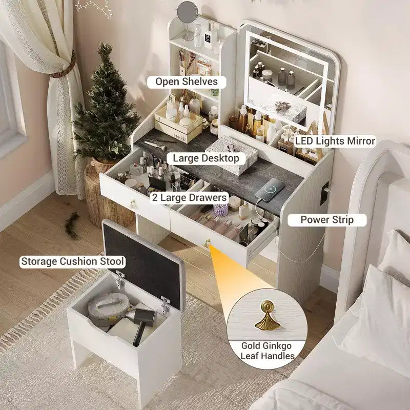 Coiffeuse Miroir avec Tabouret et 2 Tiroirs pour Filles et Femmes
