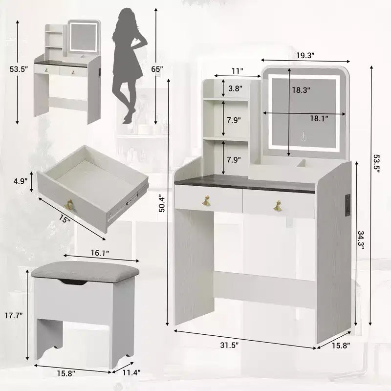 Coiffeuse Miroir avec Tabouret et 2 Tiroirs pour Filles et Femmes