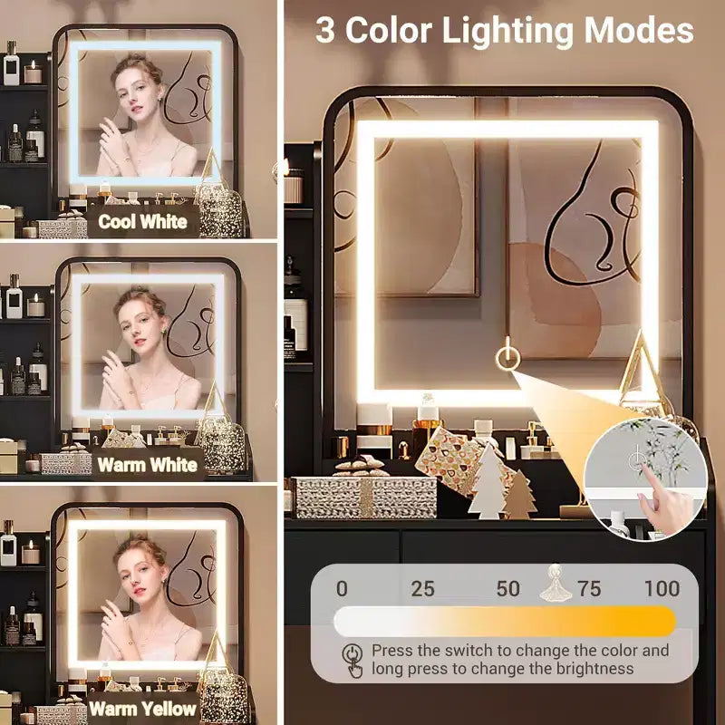 Coiffeuse Miroir avec Tabouret et 2 Tiroirs pour Filles et Femmes
