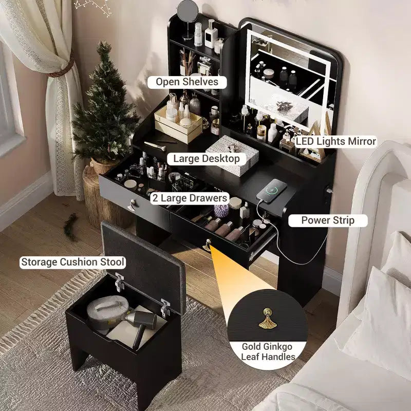 Coiffeuse Miroir avec Tabouret et 2 Tiroirs pour Filles et Femmes