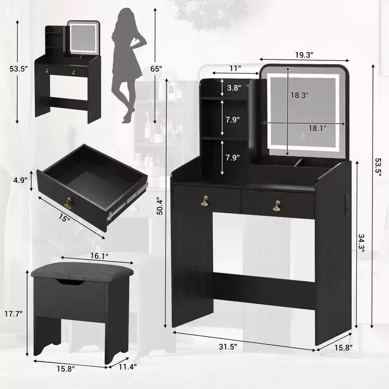 Coiffeuse Miroir avec Tabouret et 2 Tiroirs pour Filles et Femmes