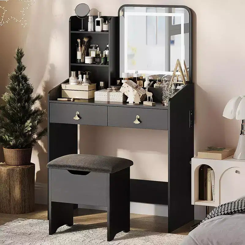 Mirror Vanity Desk with Station &amp; Stool - 2-Drawer Makeup Set for Girls &amp; Women