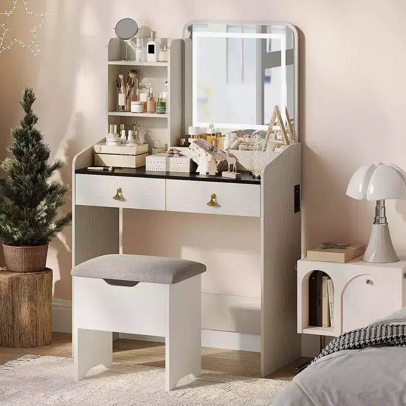 Coiffeuse Miroir avec Tabouret et 2 Tiroirs pour Filles et Femmes