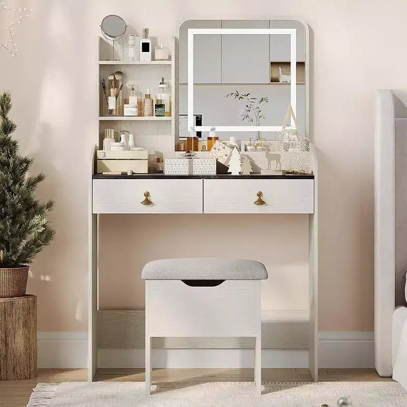 Coiffeuse Miroir avec Tabouret et 2 Tiroirs pour Filles et Femmes