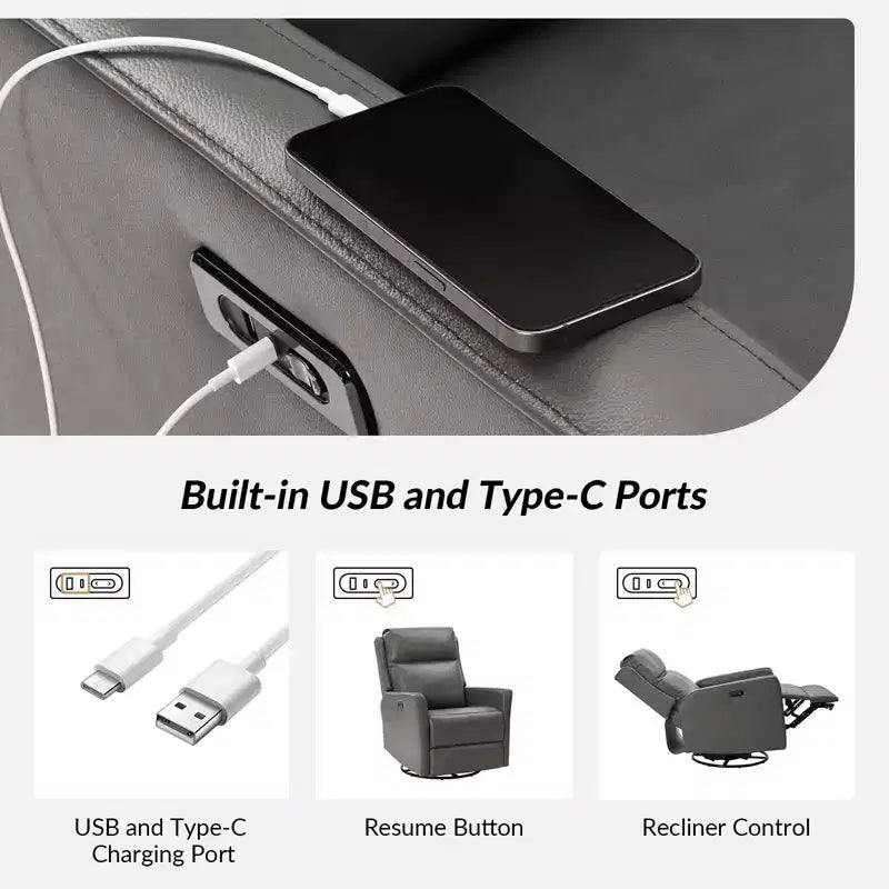 Fauteuil inclinable électrique transitoire en cuir véritable avec ports USB GRIS