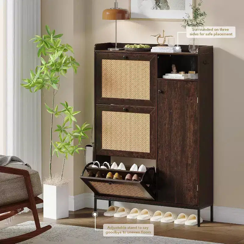 Rattan Shoe Cabinet with Flip Drawers, 3 Tier Narrow Free-Standing Entryway Storage Organizer