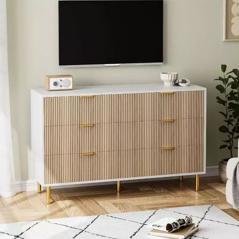 6 Drawer Dresser for Bedroom, Modern Wood Storage Dresser Organizer, with Gold Metal Handles &amp; Anti-Tipping Device, for Living Room