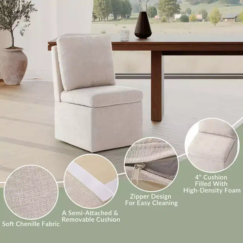 Chaises de salle à manger sans accoudoirs en chenille rembourrée moderne avec roulettes Taupe
