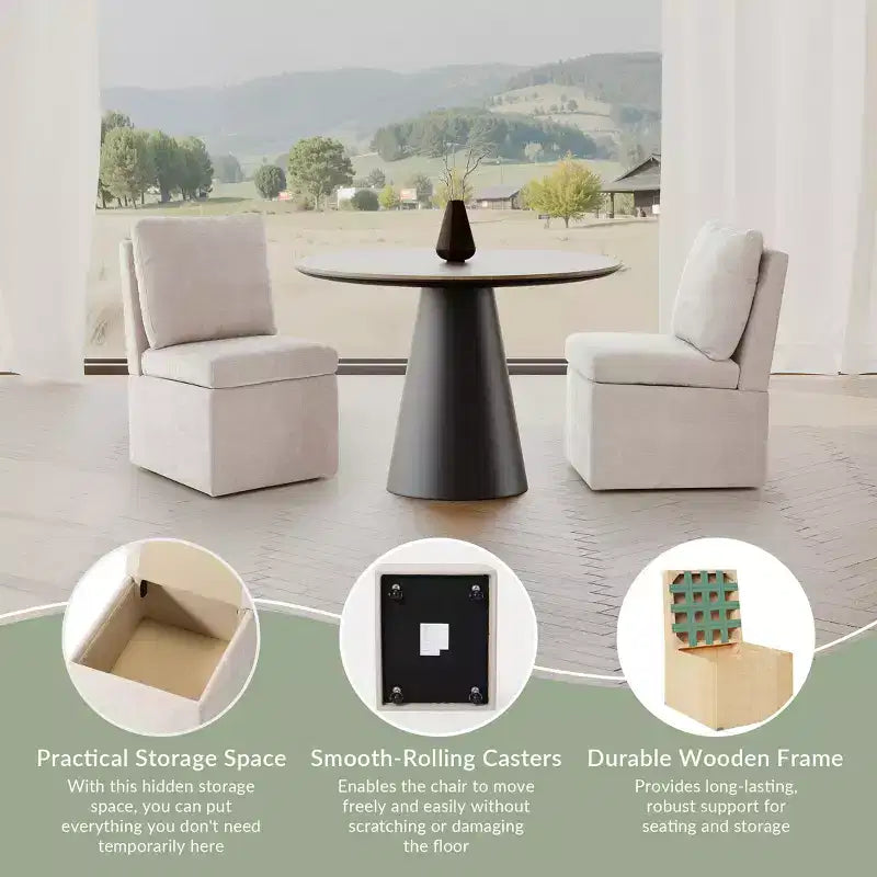 Chaises de salle à manger sans accoudoirs en chenille rembourrée moderne avec roulettes Taupe