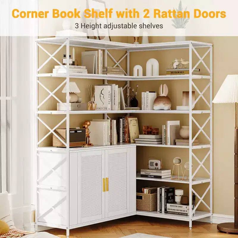 Étagère d'angle à 6 niveaux avec rangement, bibliothèque en L de style rustique