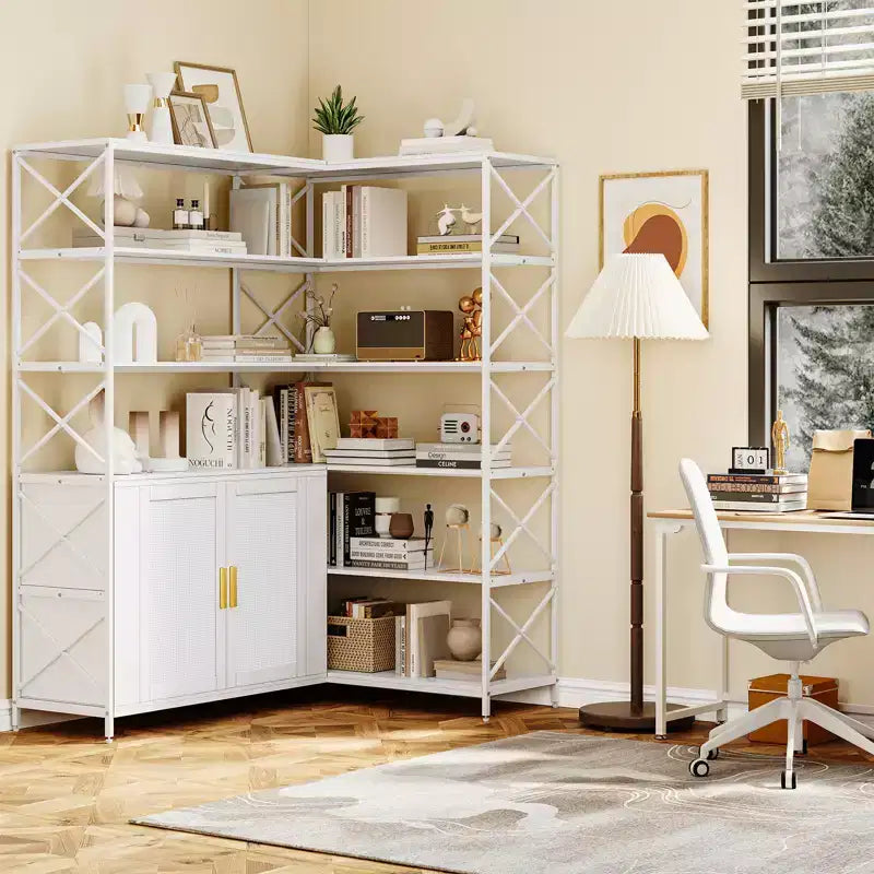 Étagère d'angle à 6 niveaux avec rangement, bibliothèque en L de style rustique
