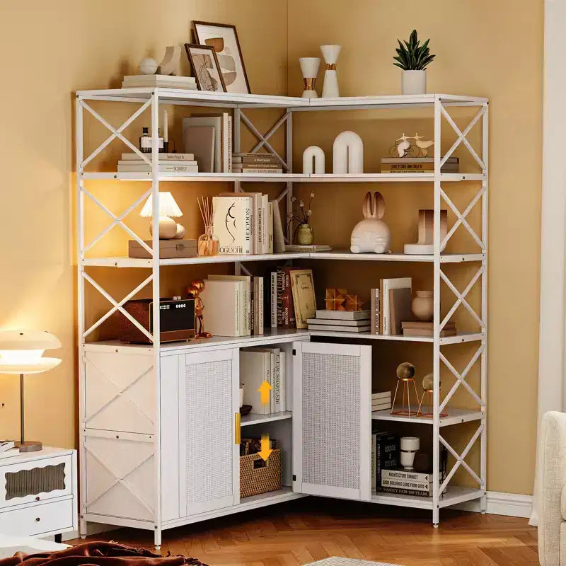 Étagère d'angle à 6 niveaux avec rangement, bibliothèque en L de style rustique
